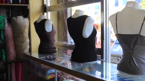 Ablak kijelző Barna Ruha viselet a próbababa a nyak kevésbé tele készlet a vásárlási órában - Felvétel, videó