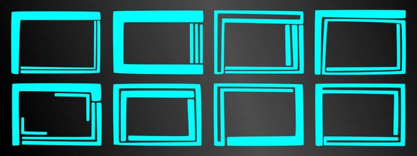 Набор из восьми необычных голубых кадров на черном фоне. Векторная иллюстрация. - Вектор,изображение