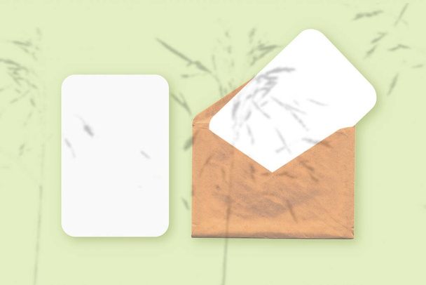 Zarfın üzerinde bitki gölgeleri olan bir model. Yeşil masa arkasında iki sayfa desenli beyaz kağıt var. Yatay yönelim - Fotoğraf, Görsel
