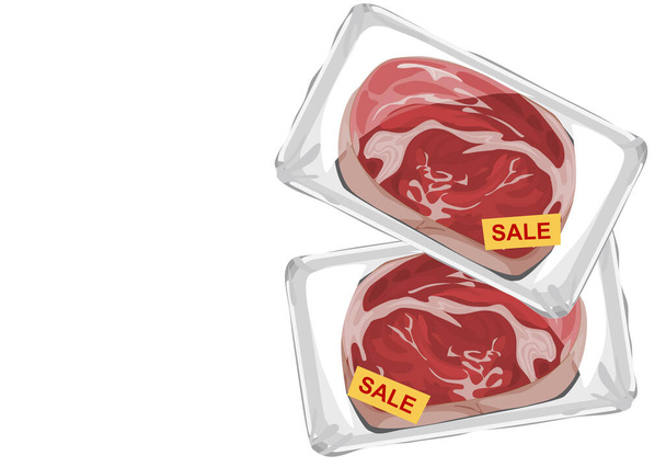 fresh meat in a plastic pack. Isolated pice of meat prepared on white plate and wrap with plastic wrapped, uncooked ingredient on white background. Anime food handrawing vector illustration. - Vector, Image