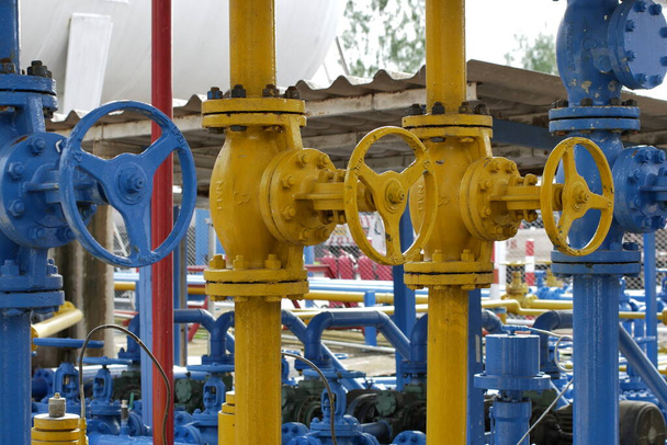 Valves at gas plant, Pressure safety valve selective focus - Photo, Image