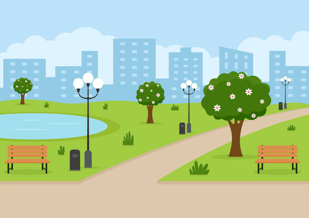 Иллюстрация городского парка для людей, занимающихся спортом, релаксацией, играющих или отдыхающих с зеленым деревом и лужайкой. Городской фон - Вектор,изображение