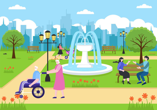 Иллюстрация городского парка для людей, занимающихся спортом, релаксацией, играющих или отдыхающих с зеленым деревом и лужайкой. Городской фон - Вектор,изображение