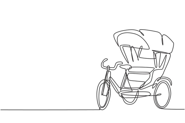 Einzeilige Zeichnung einer Fahrrad-Rikscha mit drei Rädern und einem hinteren Beifahrersitz ist in mehreren asiatischen Ländern ein uraltes Fahrzeug. Moderne kontinuierliche Linienzeichnung Design Grafik Vektor Illustration. - Vektor, Bild