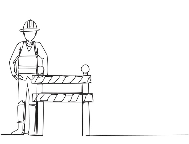 Una línea continua que dibuja a un trabajador de la construcción está de pie junto a la placa de construcción inferior que se encuentra en el lado de la carretera. Ilustración gráfica vectorial de diseño de línea única. - Vector, imagen