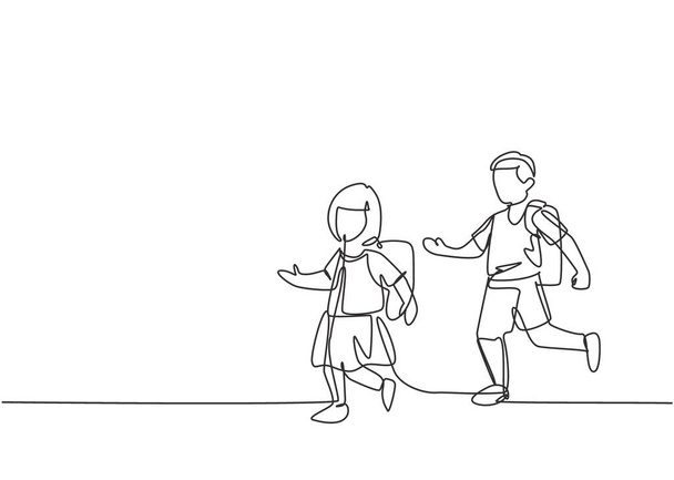 Egysoros rajzolás általános iskolás diákok mind a fiúk és a lányok futottak az út szélén elkerülve, hogy elkéssenek az iskolából. Egysoros rajz grafikai tervezés vektor illusztráció. - Vektor, kép