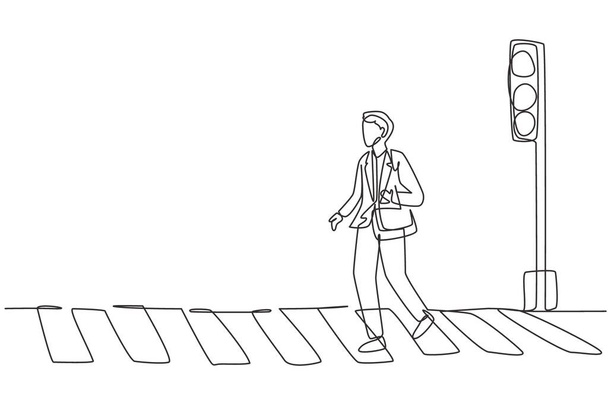 Una línea continua que dibuja a un trabajador masculino cruza la calle en el cruce de cebra después de regresar del trabajo. Hay un semáforo allí también. Ilustración gráfica vectorial de diseño de línea única. - Vector, Imagen