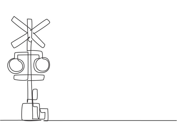 Однолинейный рисунок железнодорожного барьера с указателями и предупредительными огнями в открытом положении, что позволяет транспортным средствам пересекать железнодорожные линии. Графическая векторная иллюстрация - Вектор,изображение