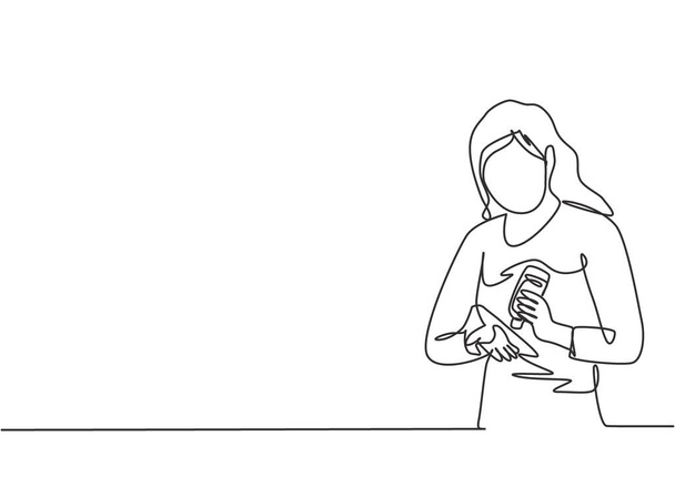 Una sola línea de dibujo de una mujer vierte desinfectante de manos en sus palmas para evitar bacterias y ser más higiénico. Autoprotección contra el virus corona. Dibujo de una línea diseño gráfico vector ilustración. - Vector, Imagen