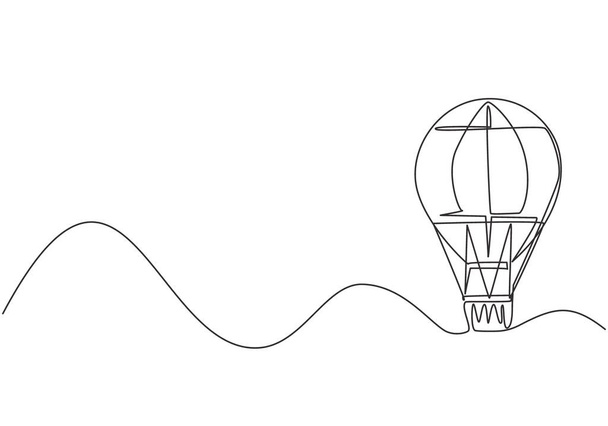 Nepřetržitá jedna čára kreslí horkovzdušný balón s pruhovaným vzorem a košem pro cestující. Zábavné létání zážitek na obloze s rodinou. Grafická ilustrace jednořádkového kreslení. - Vektor, obrázek