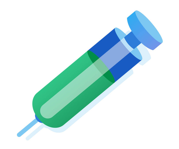 ikona igły strzykawki jednorazowe narzędzia do wstrzykiwań medyczne do szczepienia symbol leku zielony i niebieski obiekt - Wektor, obraz