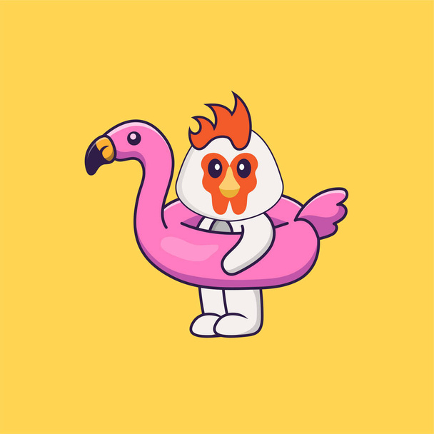 Słodki kurczak z flamingową boją. Koncepcja kreskówki odizolowana. Może służyć do podkoszulka, kartka okolicznościowa, karta zaproszenia lub maskotka. - Wektor, obraz