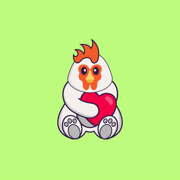 かわいい鶏の大きな赤い心を保持する。動物の漫画の概念は孤立した。Tシャツ、グリーティングカード、招待カード、マスコットに使用できます。. - ベクター画像
