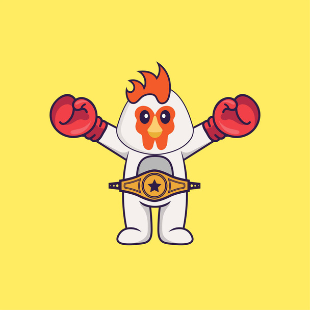 Roztomilé kuře v boxerském kostýmu s páskem šampiónů. Animální kreslený koncept izolovaný. Lze použít na tričko, přání k pozdravu, pozvánku nebo maskota. - Vektor, obrázek