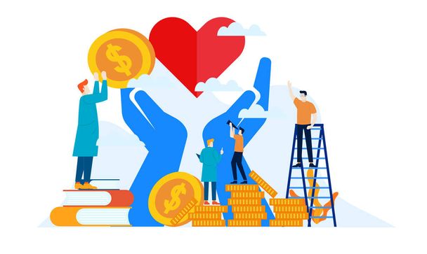 donation day charity with big heart and big hands share for others and humanity flat illustration design - Vector, Image