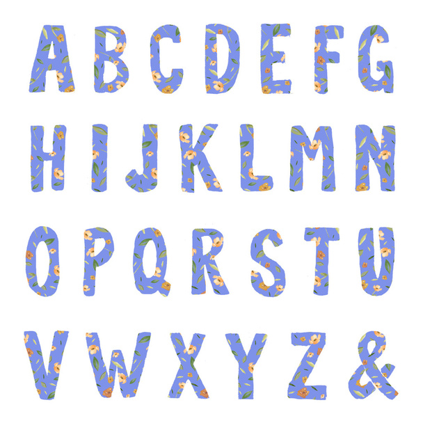 kézzel rajzolt betűk ábécé font floral nyomtatási - Fotó, kép