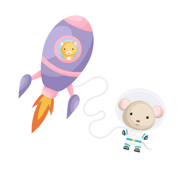 Cute little hamster flying in violet rocket. Cartoon mouse character in space costume with rocket on white background. Design for baby shower, invitation card, wall decor. Vector illustration - Vektor, Bild