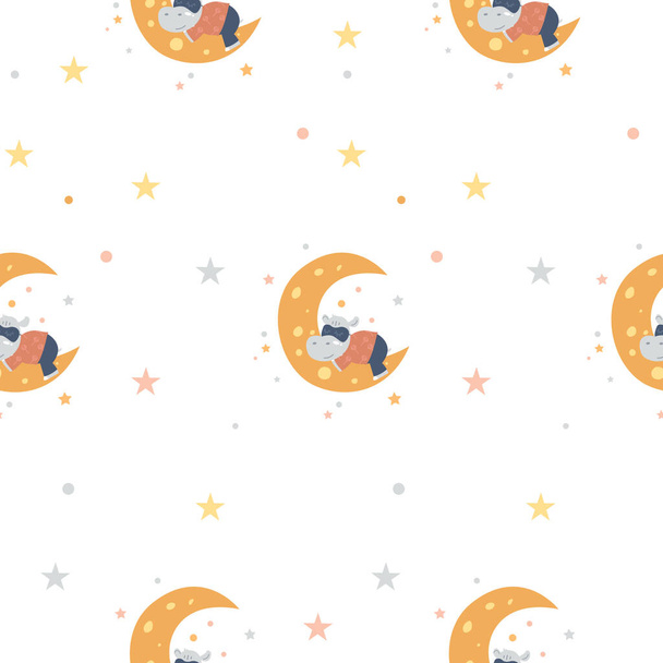 Patrón sin costuras de dibujos animados para niños de un pequeño hipopótamo que duerme en la luna sobre un fondo blanco. Perfecto para imprimir en tela, papel envuelto, papel pintado, ropa de guardería. - Vector, imagen