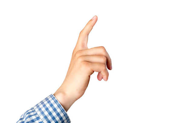 osoby ruka v košili dotek nebo bod izolované na bílém bhackground b - Fotografie, Obrázek