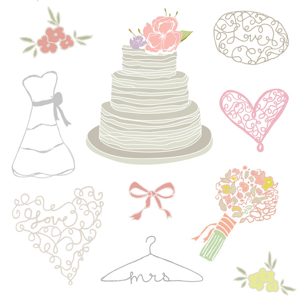 Colección de pastel de boda dibujado a mano y elementos de la boda
 - Foto, imagen