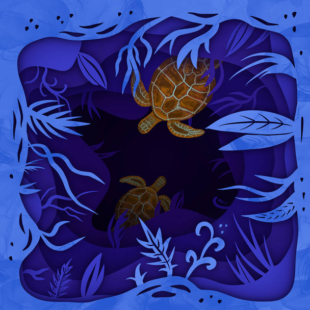 Χαρτί τέχνη υποβρύχιο ωκεανό με σιλουέτα χελώνα. - Φωτογραφία, εικόνα