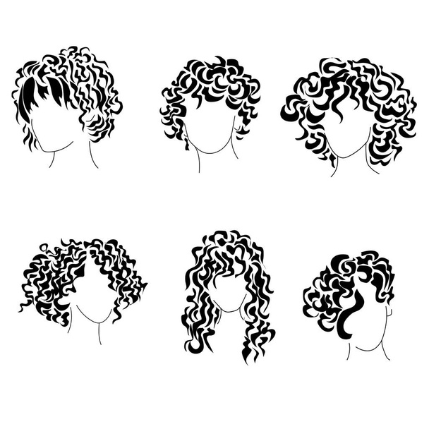 Coiffures bouclés silhouettes ensemble, femmes coiffures à la mode pour différentes longueurs de cheveux illlustration vectorielle - Vecteur, image