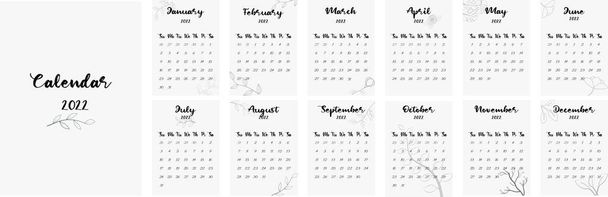 Bloemen A4 kalender of planner 2022 in grijze kleuren. Omslag en 12 maandelijkse bladzijden. Week start op zondag, minimalistische vector illustratie A3 A2 A6. - Vector, afbeelding