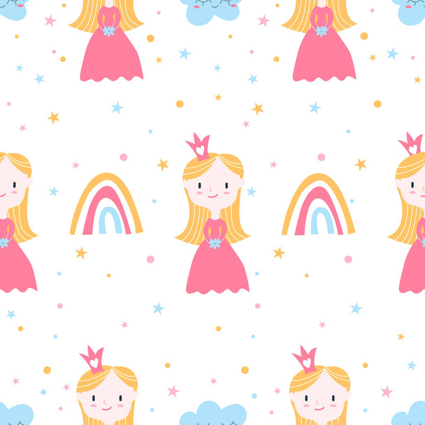 Vector seamless pattern with little princess, rainbow and cloud on a white background. Perfect for a poster, nursery clothing, postcard, print. - Vector, Image
