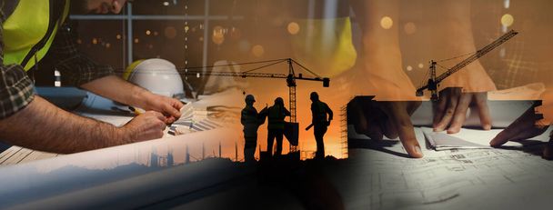 Double exposure of civil engineer silhouette at construction site with building designer working and meeting at night in banner site - Foto, Imagem