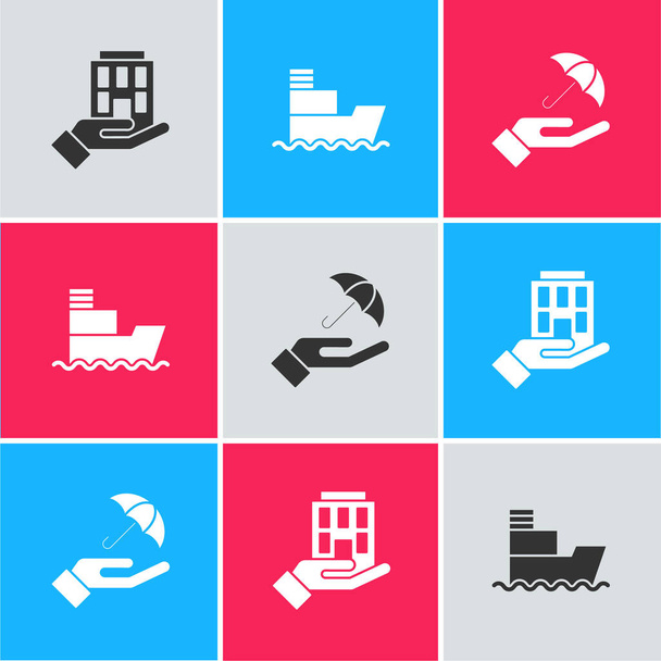 Set House in hand, Ship and Umbrella icon. Vector - Vector, Image