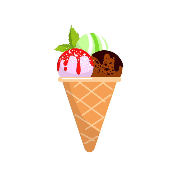 Ice cream in a waffle cone, three balls. Cartoon style. The vector is highlighted on a white background. - Vector, Image