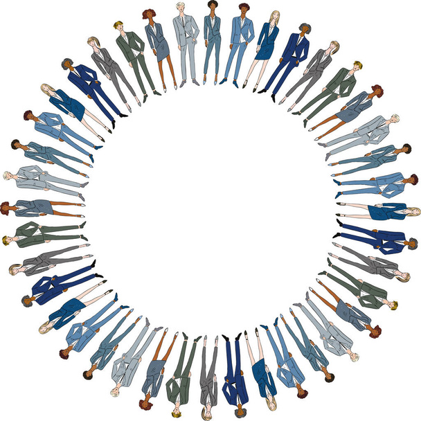 Round vector frame from sketches standing young people in business suits - Vector, Image