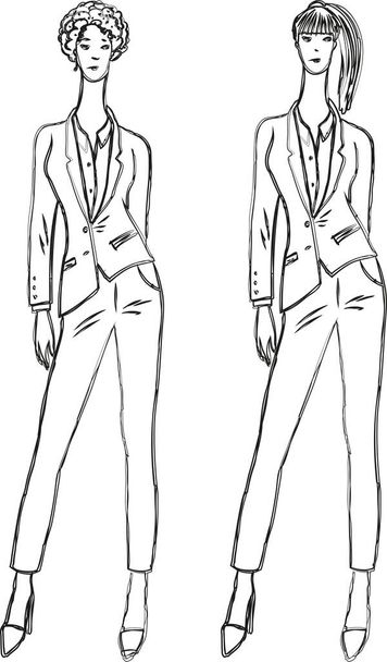 Dibujo de contorno vectorial de mujeres jóvenes delgadas en trajes de negocios de pantalones - Vector, imagen