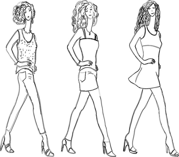 Vektor kontúr rajzok séta fiatal divatos modern karcsú nők - Vektor, kép