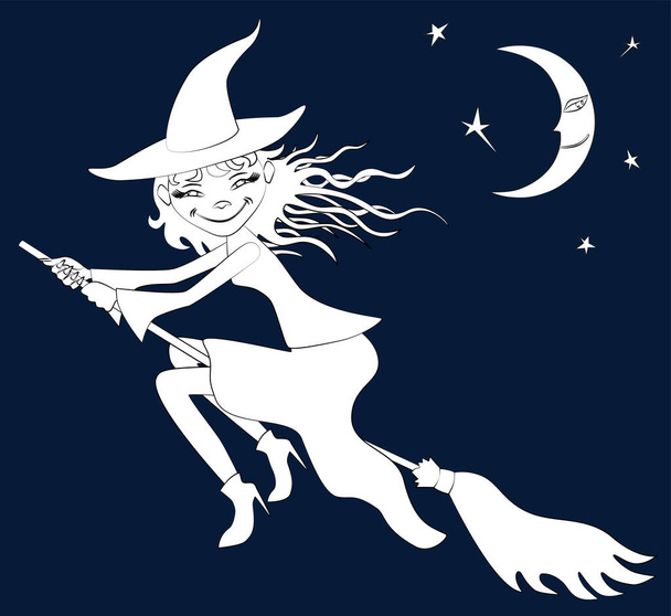 Dibujo vectorial de bruja joven volando en escoba en el cielo nocturno - Vector, Imagen