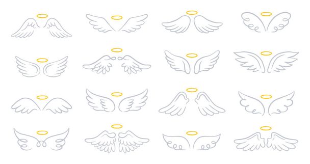 Vektor-Set aus verschiedenen Flügeln mit einem Heiligenschein. Handgezeichnete, auf weißem Hintergrund isolierte Doodle-Elemente. - Vektor, Bild