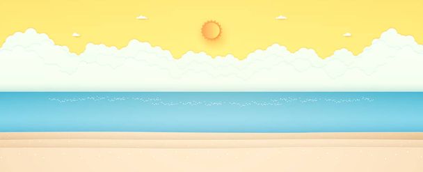 Yaz Zamanı, deniz manzarası, deniz manzarası, plajlı mavi deniz, parlak güneş ve turuncu güneşli gökyüzü, kağıt sanatı tarzı - Vektör, Görsel
