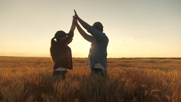 Ευτυχισμένοι επιχειρηματίες, αγρότες, άντρες και γυναίκες, χαιρετούν ο ένας τον άλλον με τα χέρια τους σε ένα χωράφι με σιτάρι. Σύμφωνοι. Οι αγρότες και γεωπόνος μιλούν, απολαμβάνοντας μια καλή συγκομιδή σιτηρών στον τομέα του σιταριού στον ήλιο. - Φωτογραφία, εικόνα