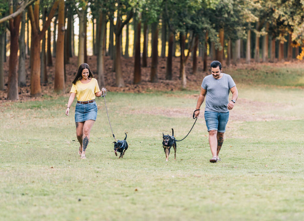 Pareja caminando con su perro con correa en un parque - Foto, Imagen