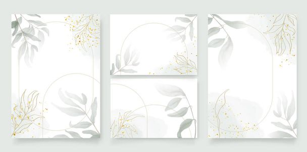Luxury wedding invitation card background with golden arch shape line and botanical leaves, Watercolor splash. Vector invite design for wedding and vip cover template.Abstract art background vector - Vector, Imagen