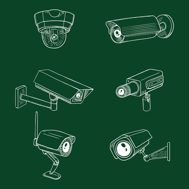 Conjunto de ilustrações CCTV. Chalk Sketch Câmeras de Segurança. Equipamentos de vigilância por vídeo. - Vetor, Imagem