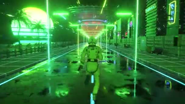Astronauta biegający w neonowym mieście w stylu cyberpunkowym. Tło fali lat 80-tych. Styl retro. Futurystyczna koncepcja. Animacja 3d pętli bez szwu - Materiał filmowy, wideo