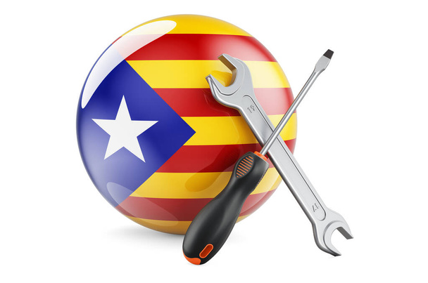 Сервис и ремонт в концепции Каталонии. Отвертка и гаечный ключ с каталонским флагом, 3D рендеринг изолирован на белом фоне   - Фото, изображение