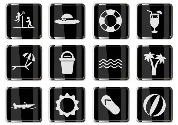 Entspannen am Strand Piktogramme in schwarzen Chrom-Knöpfen. Symbolsatz für Ihr Design. Vektorsymbole - Vektor, Bild