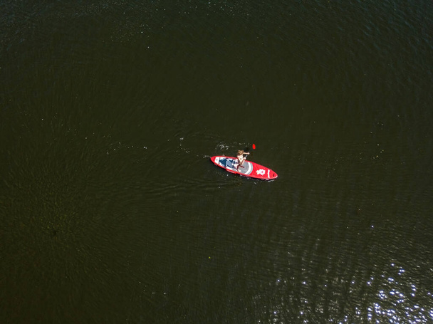 Kayak on the river in summer. Aerial drone view. - Photo, Image