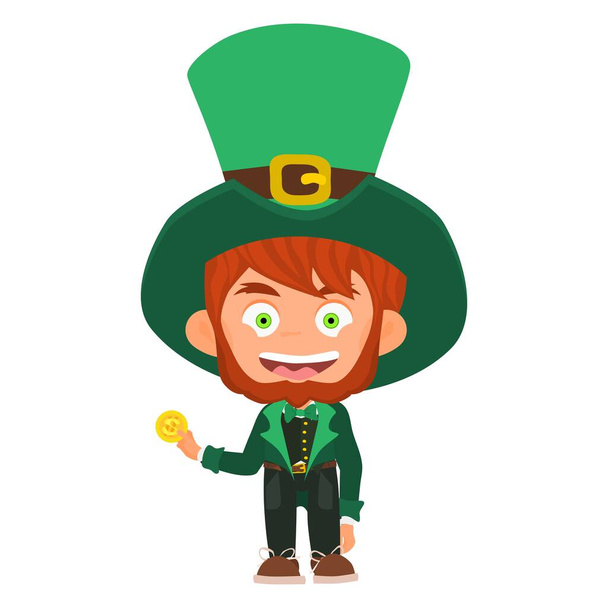 leprechaun character with gold coin wearing green hat. picture flat style - Photo, Image