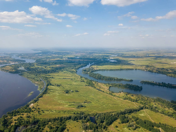 Dnieper river in Kiev in summer. Aerial drone view. - Photo, Image