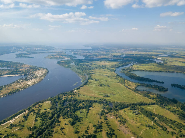Dnieper river in Kiev in summer. Aerial drone view. - Photo, Image