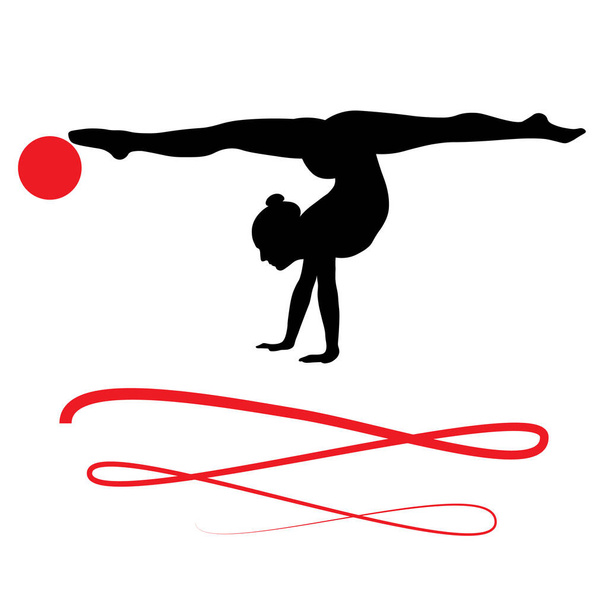 černobílý obrys figurek sportovkyň, gymnastika, cvičení s předměty - míč a stuha - Vektor, obrázek