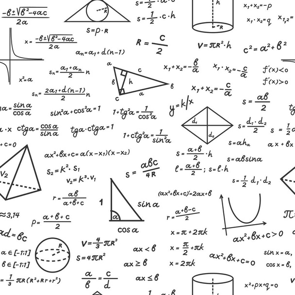 Geometric shapes with mathematical formulas seamless pattern. Handwritten algebraic calculations on white surface trigonometric with computation education drawings basic theorem. Vector knowledge. - ベクター画像